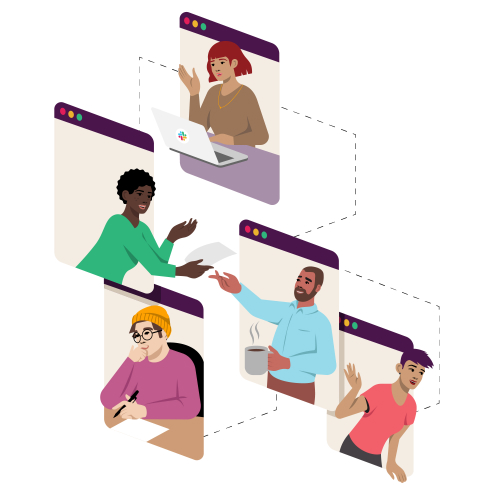 Illustrierte Teammitglieder, verbunden durch gepunktete Linien, wie in einem Organigramm