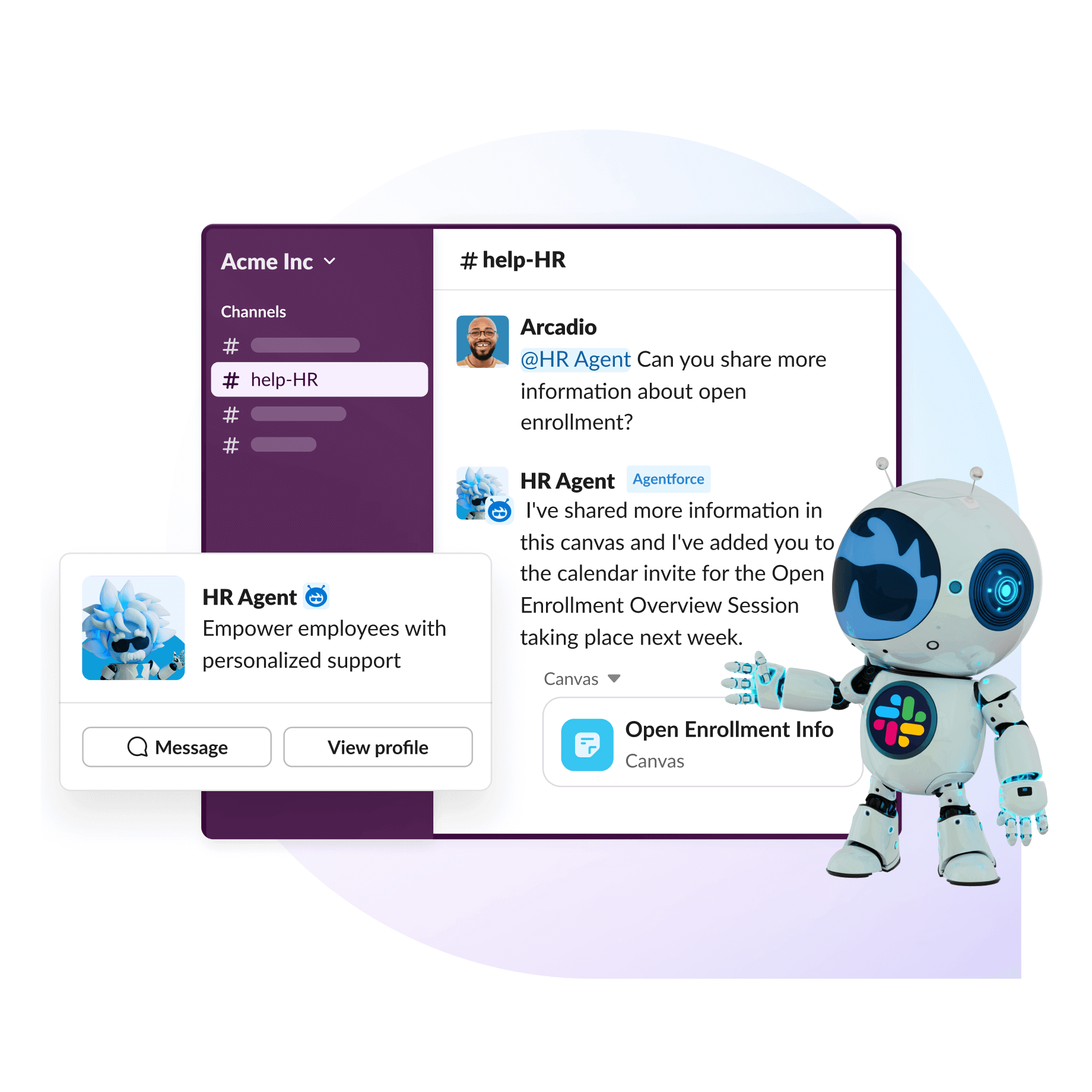 Interface Slack avec un agent Agentforce à côté de l'icône Astro Agentforce