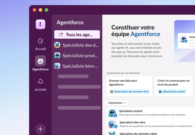 Interface Slack présentant un référentiel d’agents.