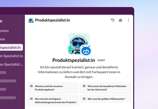 Slack-Benutzeroberfläche mit einem vorkonfigurierten Produktspezialist-Agenten