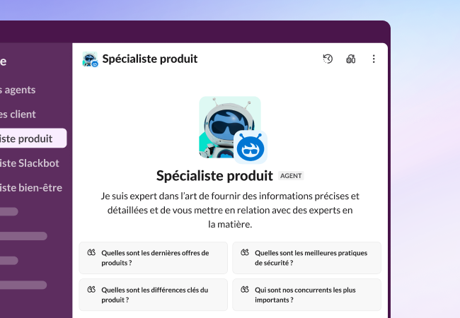 Interface Slack présentant un agent spécialiste produit préconçu.