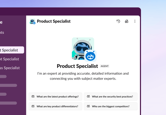 Slack UI showing a pre-built Product Specialist Agent.