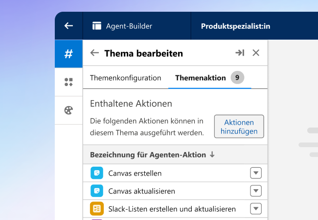 Abbildung von Agent-Builder-Themen und Slack-Aktionen.