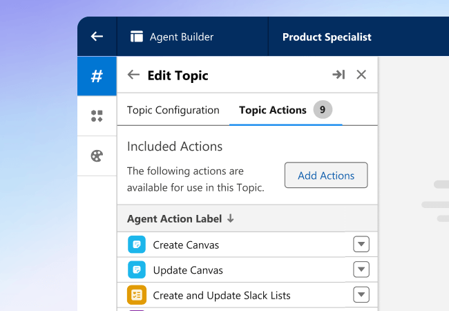 Image of Agent Builder Topics and Slack Actions.